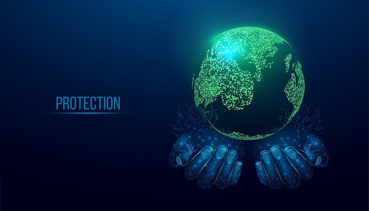 Vector dos manos humanas son asimientos planeta tierra día de la tierra protección ambiental concepto de ecología fondo abstracto moderno futurista ilustración vectorial