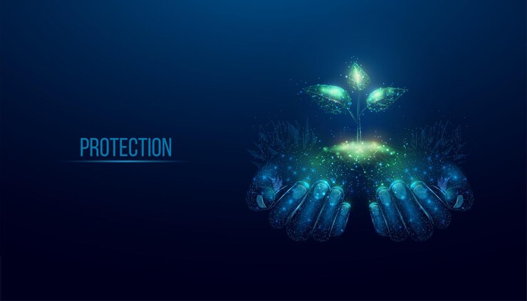 Vector dos manos humanas sostienen brotes verdes manos polivinílicas bajas que brillan intensamente y plantas sobre fondo azul oscuro diseño polivinílico bajo de estructura metálica ilustración vectorial futurista abstracta