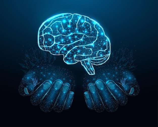 Dos manos humanas sostienen el cerebro humano apoyan el concepto de cerebro saludable wireframe brillante diseño de baja poli sobre fondo azul oscuro resumen ilustración vectorial futurista