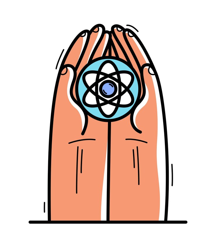 Vector dos manos con el ícono del átomo protegiendo y mostrando el cuidado del vector ilustración de estilo plano aislado en blanco apreciar y defensa para la ciencia y la investigación concepto de átomo nuclear para la paz