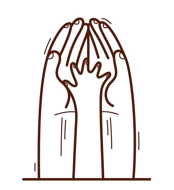 Dos manos y la palma de la mano del niño pequeño protegiendo y mostrando el cuidado vector ilustración de estilo plano aislado en blanco apreciar y defensa para la infancia concepto de caridad
