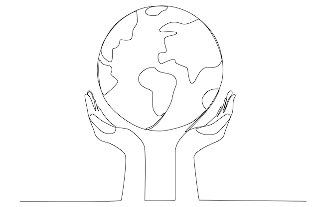Dos manos protegiendo el globo terráqueo en el arte de una línea del día de la tierra
