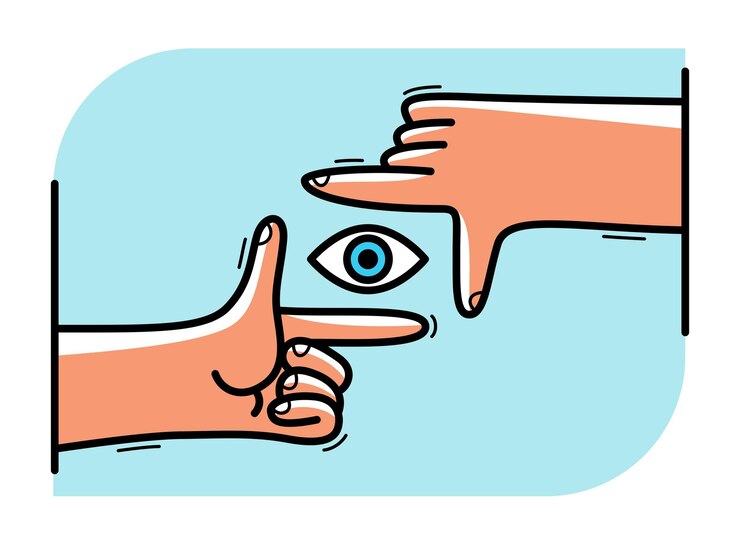 Vector dos manos que muestran la región de recorte de la vista de fotos para el icono vectorial del visor de composición aislado en blanco.