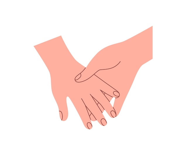 Dos manos que se tocan sosteniendo juntas concepto de cuidado de apoyo de confianza amigos y pareja romántica relación entre personas parejas de amor ilustración vectorial plana aislada sobre fondo blanco