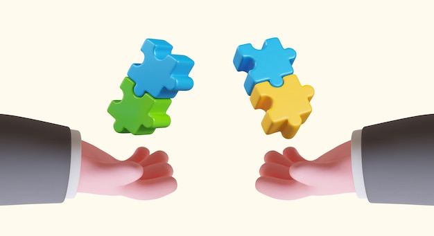 Dos manos realistas hacen rompecabezas 3D Trabajo en equipo Concepto de color