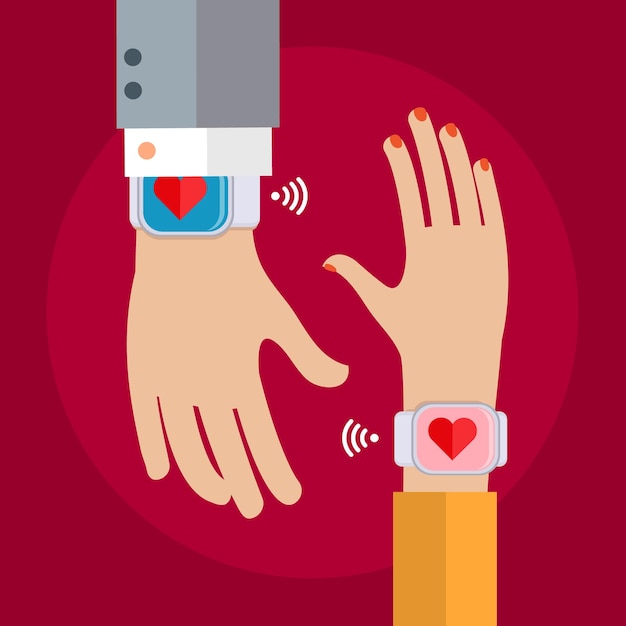 Dos manos con un reloj de pulsera que muestra un corazón. Concepto de conectar personas. Diseño plano