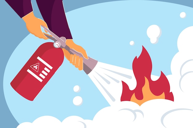 Dos manos sosteniendo el extintor y apagando el fuego. Ilustración de vector plano. Bombero manejando llama, situación de emergencia. Ayuda, seguridad, concepto de prevención de incendios para diseño de banner o página de destino