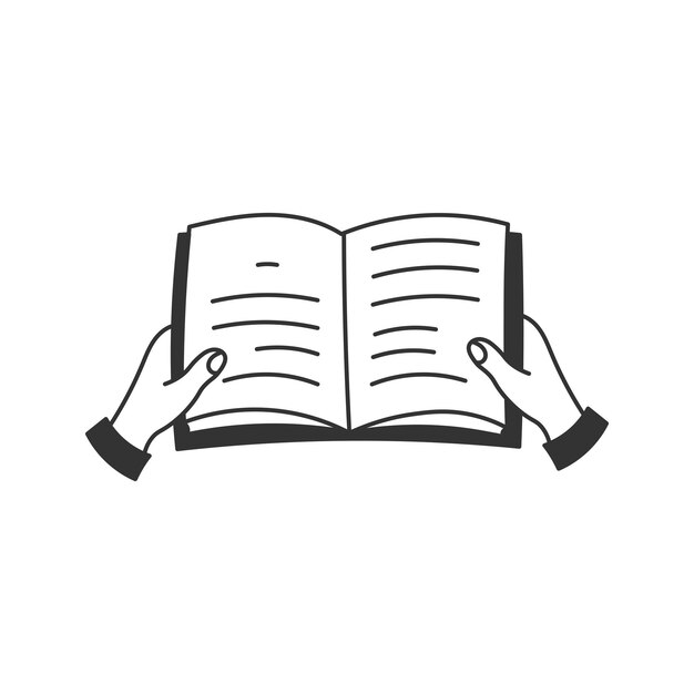 Dos manos sosteniendo un libro abierto Icono de Doodle Ilustración vectorial de línea de lectura