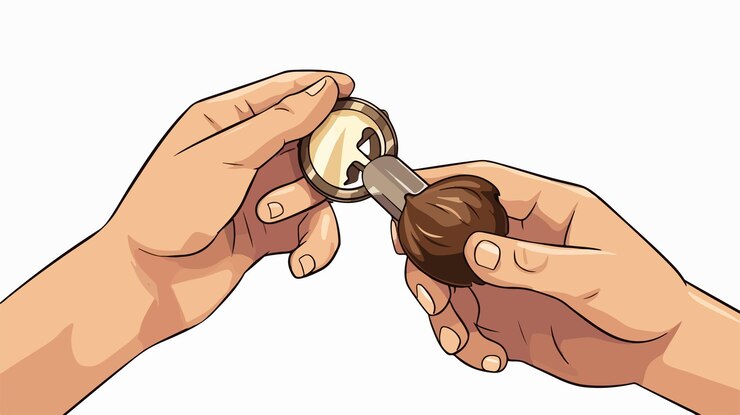 Vector dos manos sosteniendo una pequeña llave de plata y una pequeña clave de plata con la palabra en ella