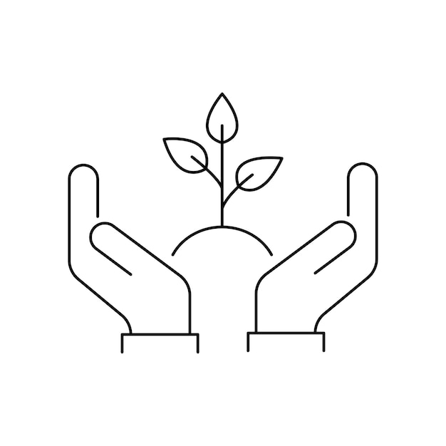 Dos manos sosteniendo la planta de línea delgada negra con el concepto de hojas de palma humana pequeña lineal con el logotipo de la paz de la tierra lineart gráfico trazo arte signo diseño web elemento de simplicidad aislado en blanco