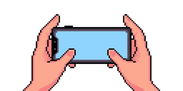 Vector dos manos sosteniendo el teléfono ilustración de vector de arte de píxeles de 8 bits