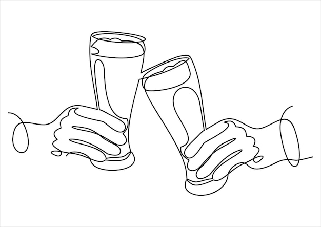 Dos manos sosteniendo un vaso de cerveza en la fiesta pasar el rato con los vítores de un amigo tintineo continuo