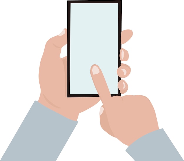 Dos manos sostienen un teléfono celular con el dedo en una ilustración de vector de pantalla en blanco
