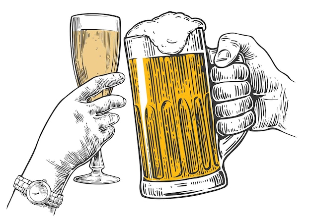 Dos manos tintinean un vaso de cerveza y una copa de champán Elemento de diseño dibujado a mano Ilustración de grabado de vector vintage para invitación de cartel web a fiesta Aislado sobre fondo blanco