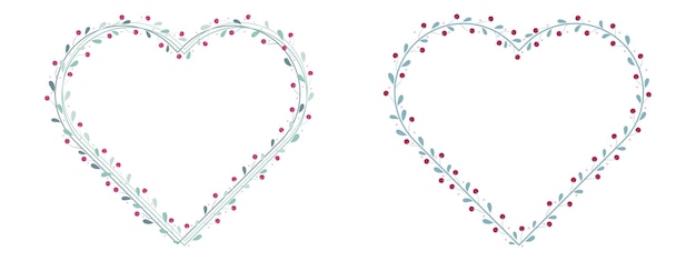 Dos marcos florales en forma de corazón con bayas y hojas