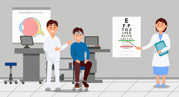 Dos médicos examinando al paciente en la clínica. trabajadores médicos que ayudan al hombre joven que selecciona la lente durante la prueba. servicio médico de oftalmología. concepto de salud. plano