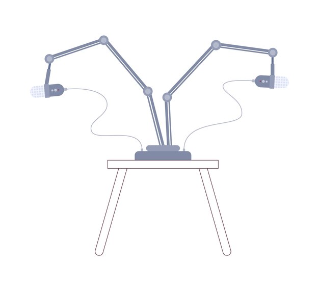 Dos micrófonos se encuentran en la mesa de café Objeto de dibujos animados 2D Tecnología de difusión elemento vectorial aislado Fondo blanco Equipo de estudio de podcasting Mic stand escritorio color ilustración de punto plano