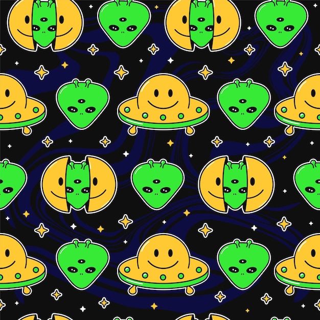 Dos mitades de la cara de la sonrisa con el interior alienígena, patrón sin fisuras de ovni. Vector dibujado a mano doodle ilustración de personaje de dibujos animados Cara sonriente, alienígena en la cabeza de impresión para camiseta, concepto de patrón transparente de cartel