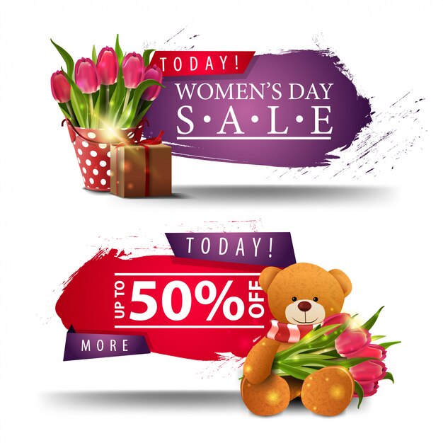 Dos modernos carteles de descuento para el día de la mujer con botones.