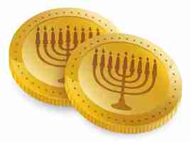 Vector dos monedas doradas de gelt o chocolate de hanukkah con siluetas de hanukkiah aisladas sobre fondo blanco