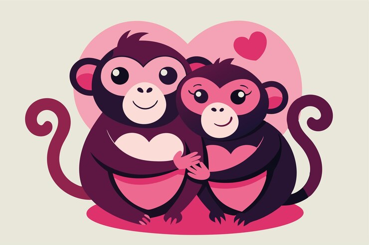 Vector dos monos expresando afecto el uno hacia el otro ilustración plana vectorial