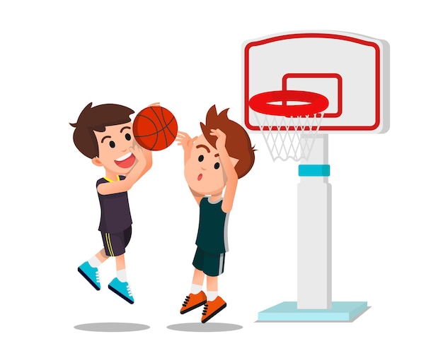 Dos muchachos jugando baloncesto en la cancha.