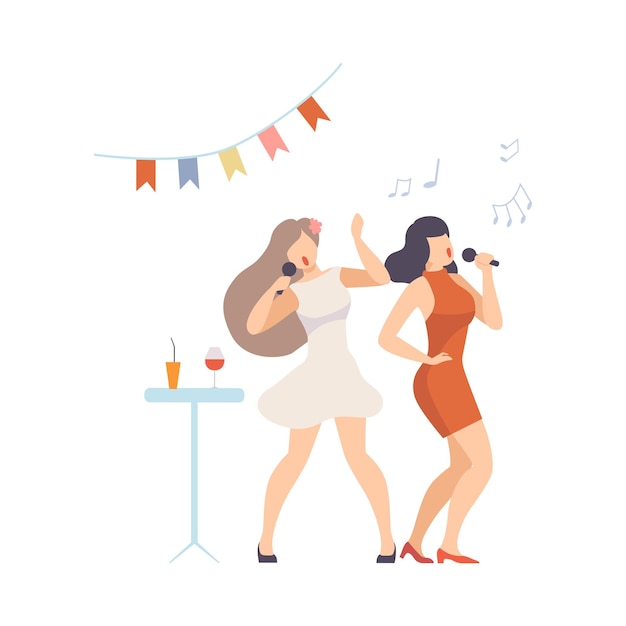 Dos mujeres alegres cantan en los micrófonos en el personaje de dibujos animados del vector de la fiesta