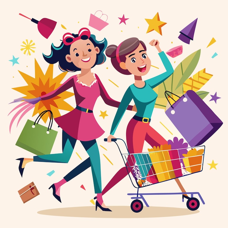 Vector dos mujeres alegres comprando con un carro lleno de regalos