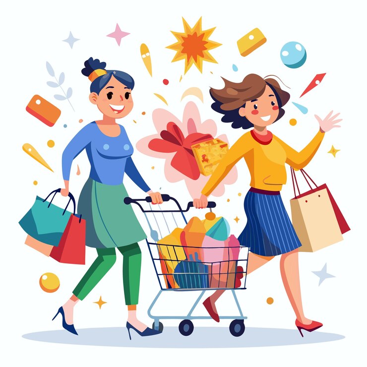 Vector dos mujeres alegres empujando un carrito de compras lleno de comestibles mientras llevan bolsas de compras
