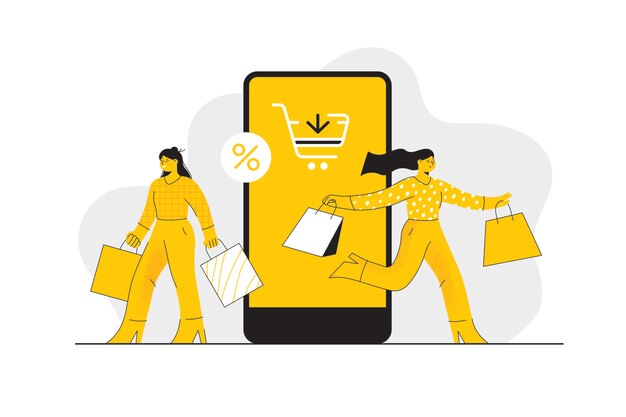 Dos mujeres con bolsas de compras comprando en línea Compras en línea