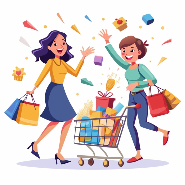 Vector dos mujeres celebrando un exitoso viaje de compras con confeti y bolsas de compras