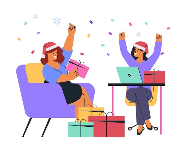 Dos mujeres celebrando la Navidad intercambiando regalos confeti copos de nieve colorido entorno de oficina festivo