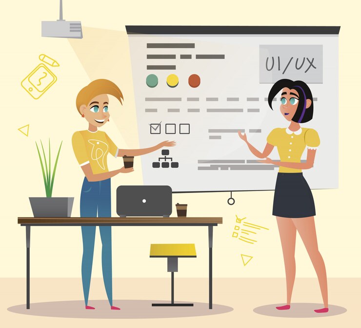 Vector dos mujeres cerca de la imagen del proyector en design studio.