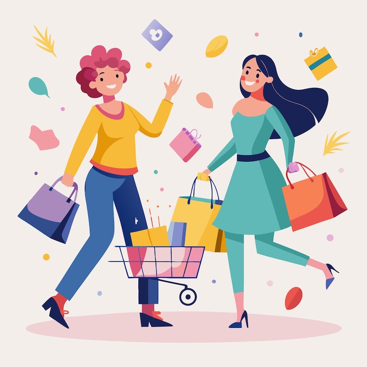 Vector dos mujeres comprando con bolsas y un carrito de compras