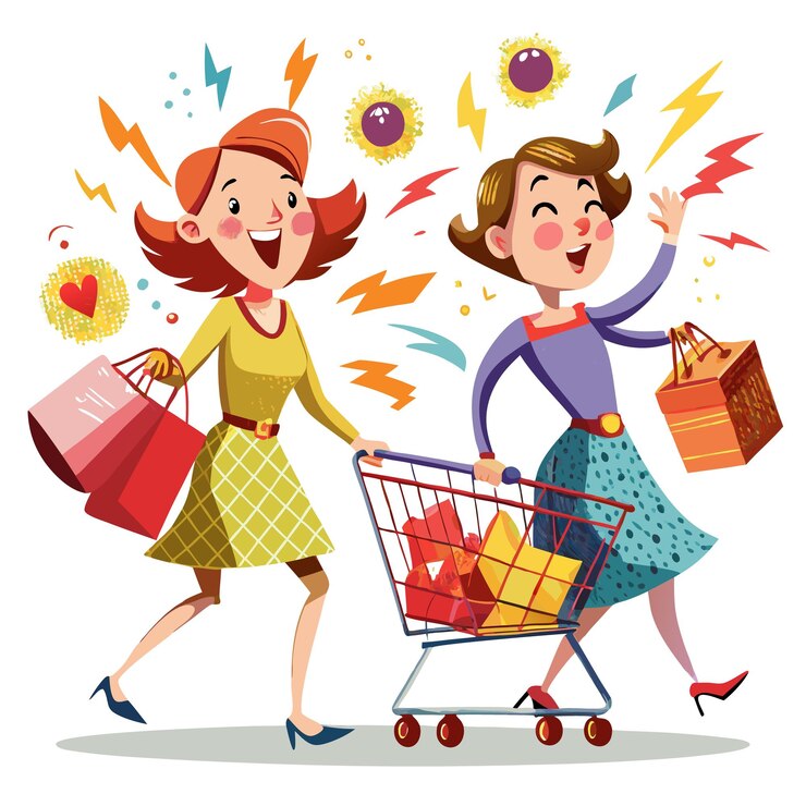 Vector dos mujeres comprando con un carrito de compras y bolsas ambos están sonriendo y emocionados de estar comprando