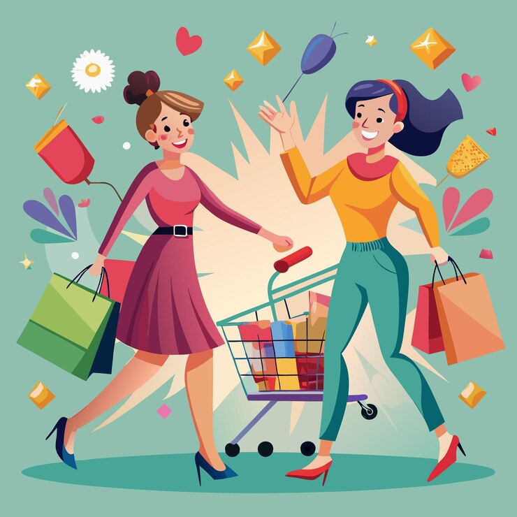 Vector dos mujeres comprando con un carrito de compras lleno de artículos ambos están sonriendo y llevando bolsas de compras el fondo es un azul claro con confeti y flores