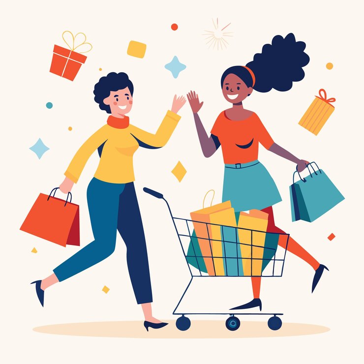 Vector dos mujeres comprando juntas sonriendo y dando cinco con un carrito de compras lleno de bolsas
