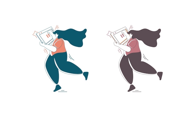 Dos mujeres corriendo con tabletas en las manos