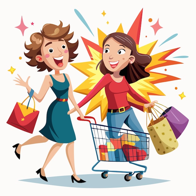 Dos mujeres de dibujos animados felices están haciendo compras con un carrito lleno de artículos y cargando bolsas de compras