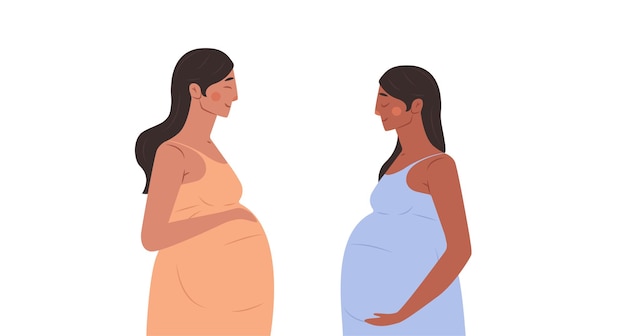 Dos mujeres embarazadas sostienen su vientre aislado en fondo blanco futuras mamás maternidad