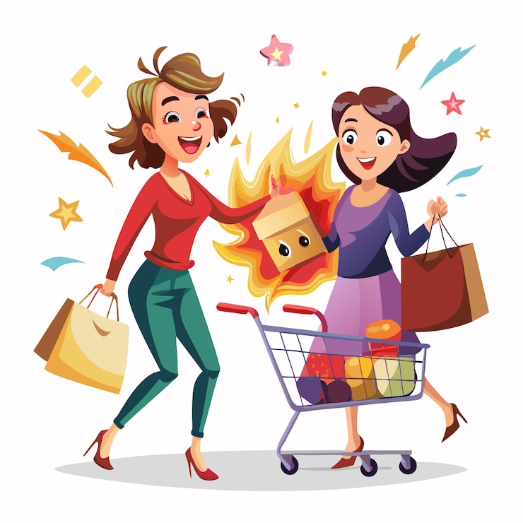 Vector dos mujeres emocionadas comprando con un carrito de compras lleno y bolsas ambos están sonriendo y felices