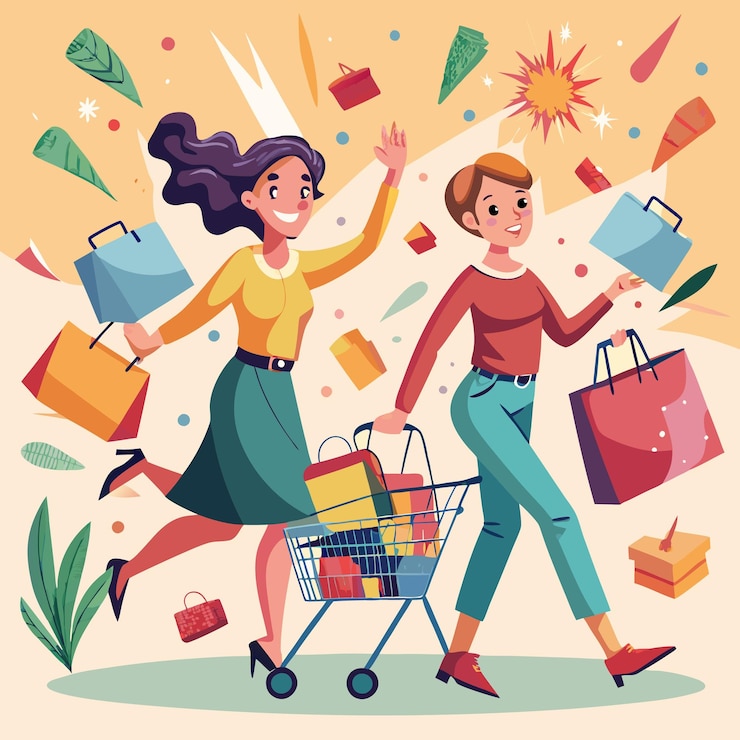 Vector dos mujeres emocionadas comprando y llevando bolsas de compras y un carrito de compras lleno
