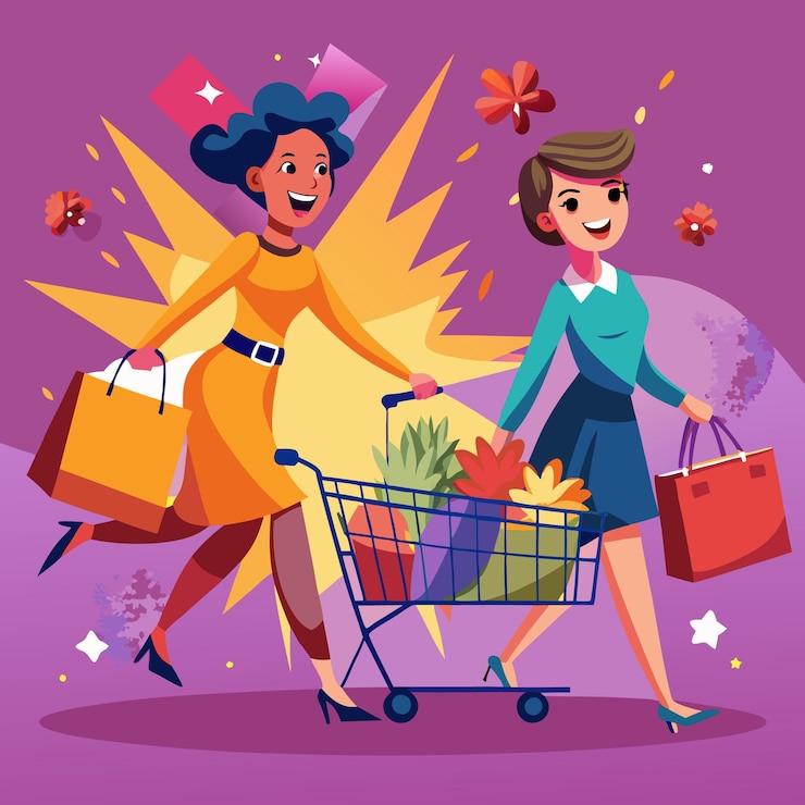 Vector dos mujeres están comprando con un carrito de compras lleno y bolsas están caminando juntas y sonriendo