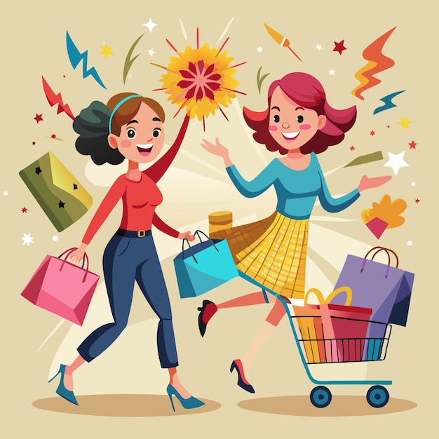 Dos mujeres están de compras y emocionadas por sus compras con bolsas de compras en sus manos una mujer está empujando un carrito de compras