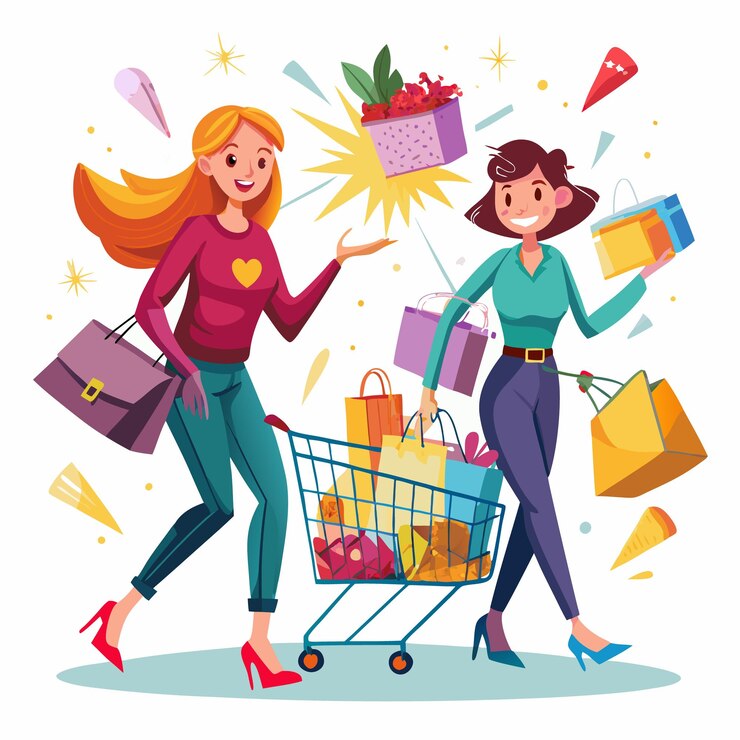 Vector dos mujeres están haciendo compras y llevando bolsas de compras la mujer de la camisa roja está llevando un bolso y la mujer de la camisa verde está empujando un carrito de compras ambas mujeres están sonriendo y parecen felices