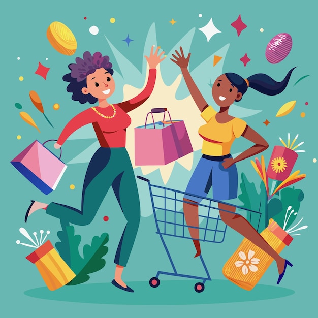 Dos mujeres se están highfiving mientras compran con un carrito con flores de colores y cajas de regalos