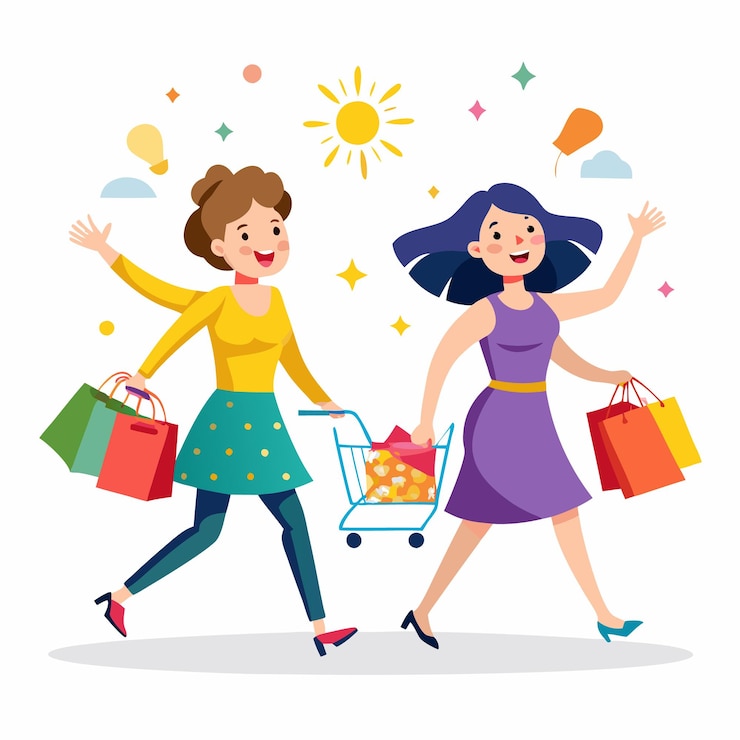 Vector dos mujeres felices con bolsas de compras y un carrito de compras caminando juntas