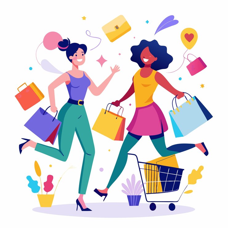 Vector dos mujeres felices con bolsas de compras y un carrito de compras celebrando un día de compras exitoso