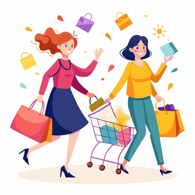 Dos mujeres felices con bolsas de compras y un carrito de compras disfrutando de su viaje de compras