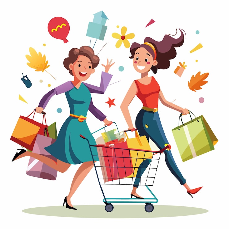 Vector dos mujeres felices con bolsas de compras y un carrito de compras lleno de compras juntos
